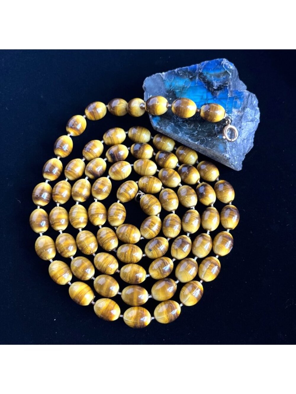 Vintage 70s Boho Faux Tiger Eye Flapper Necklace Long 41.5" Retro Mod Strand